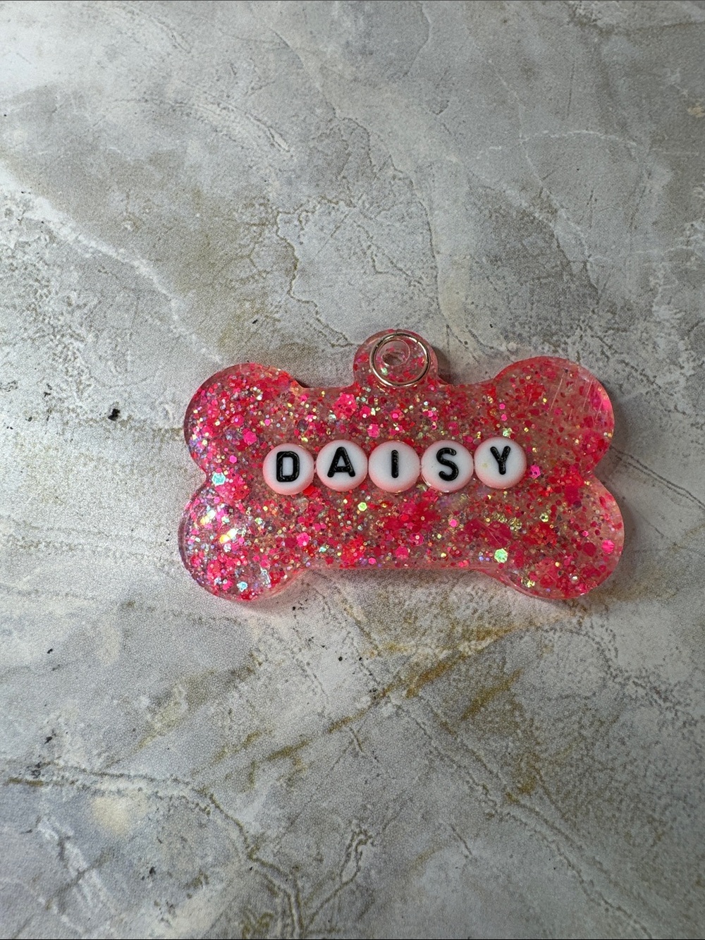 Personalized Pink Glitter Bone Pet ID Tag - Daisy